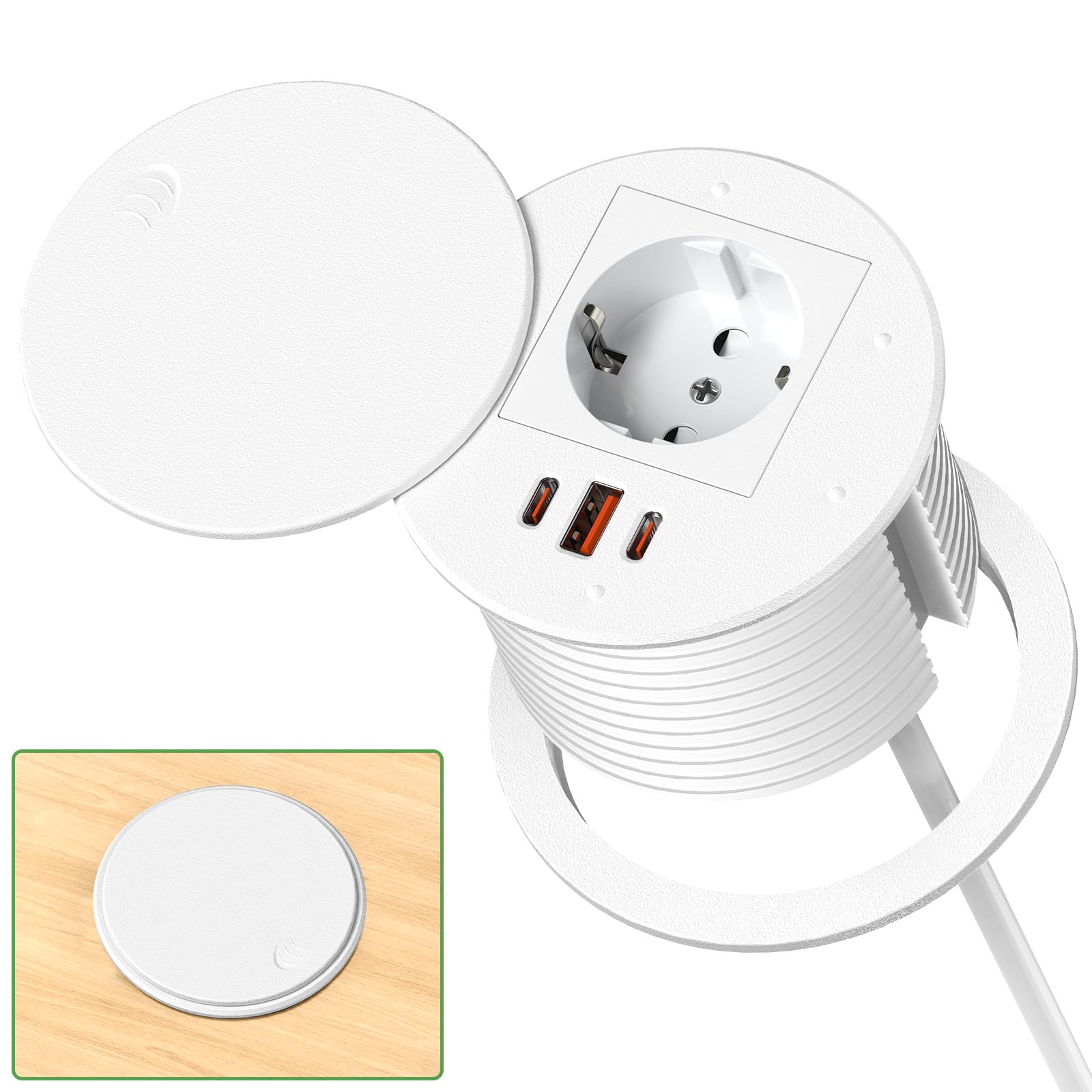 Inbouwstopcontact, werkblad met USB C PD 35 W, inbouwstekkerdoos voor kantoor met deksel, uittrekbaar stopcontact voor keuken, kantoor, meubels, 3680 W/16 A, 1,8 m kabel, wit