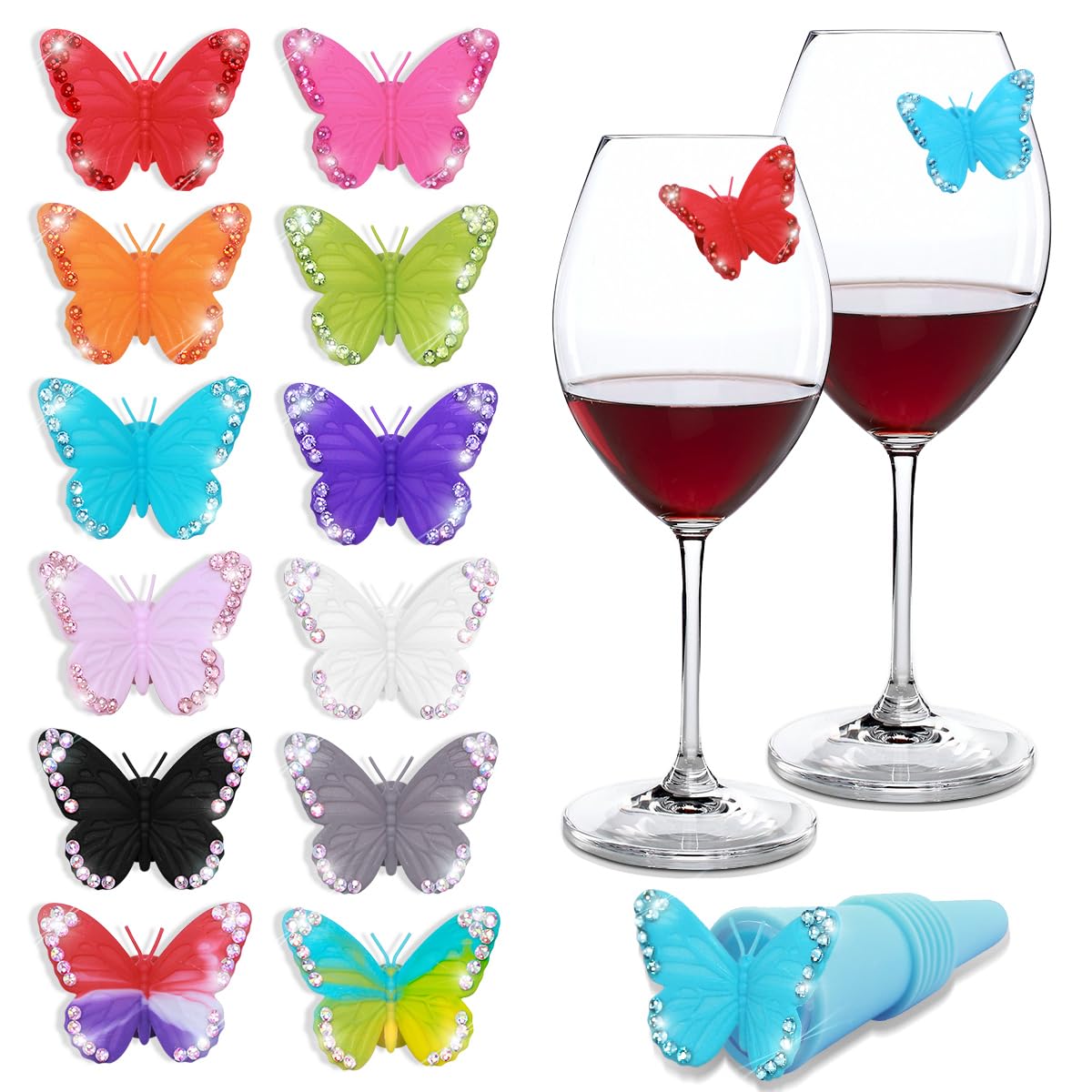 Mifoneix All Saints' Day 12pcs Rhinestone Silicone Beverage Glitter Markers Add a 1pcs Butterfly Stopper Wine Glass Markers Hangings Multicolor Butterfly Labels Wine Glass Identifiers for Bar Party