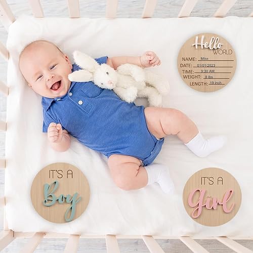 Miniatura 3 de Letrero de anuncio de nacimiento para recién nacido, con texto en inglés "It's a Boy & Hello World" (2 unidades)