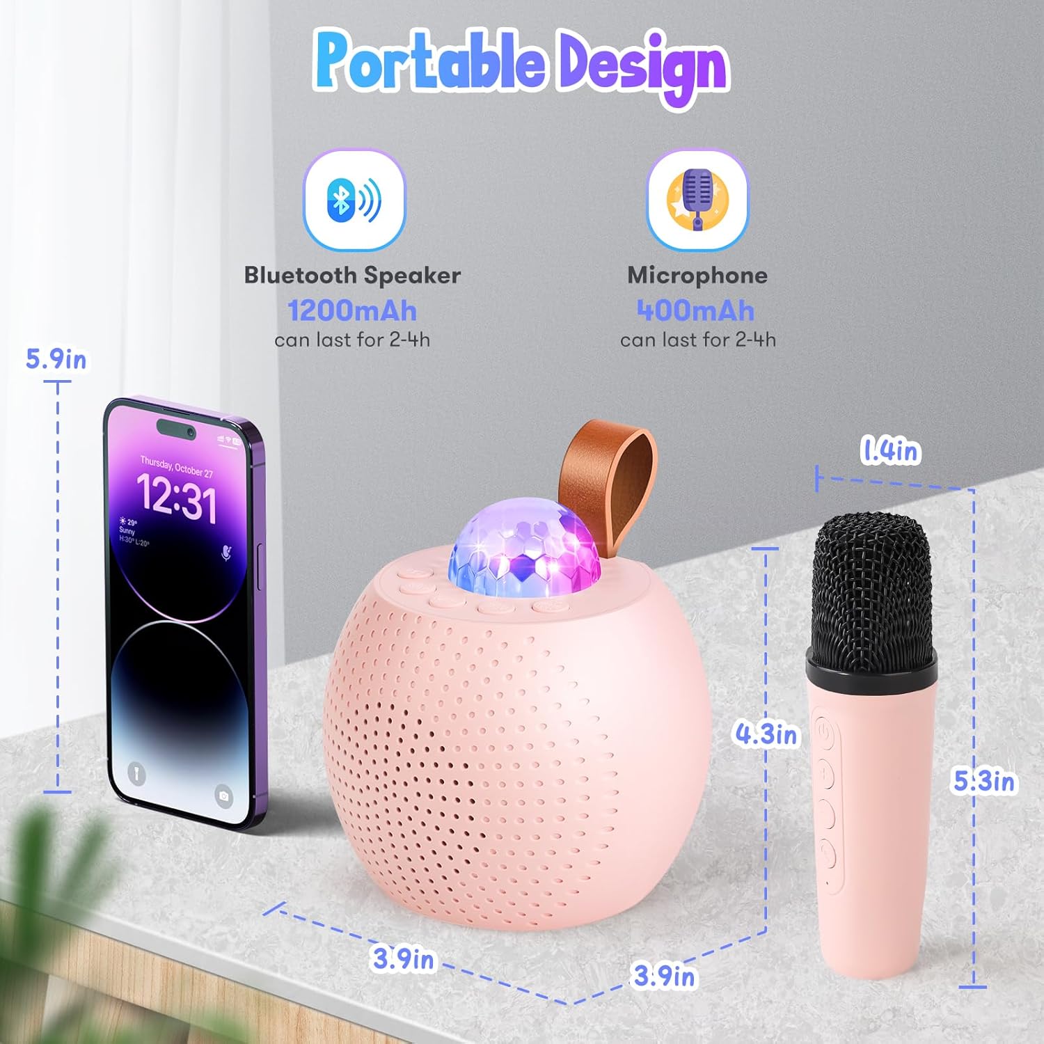 Mini Karaoke Machine for Kids Adults, Bluetooth Speaker with 2 Wireless Microphones, Portable Microphone Speaker with Colorful LED Disco Lights for Home Party, Birthday Gifts for Kids Girls Boys - Image 6