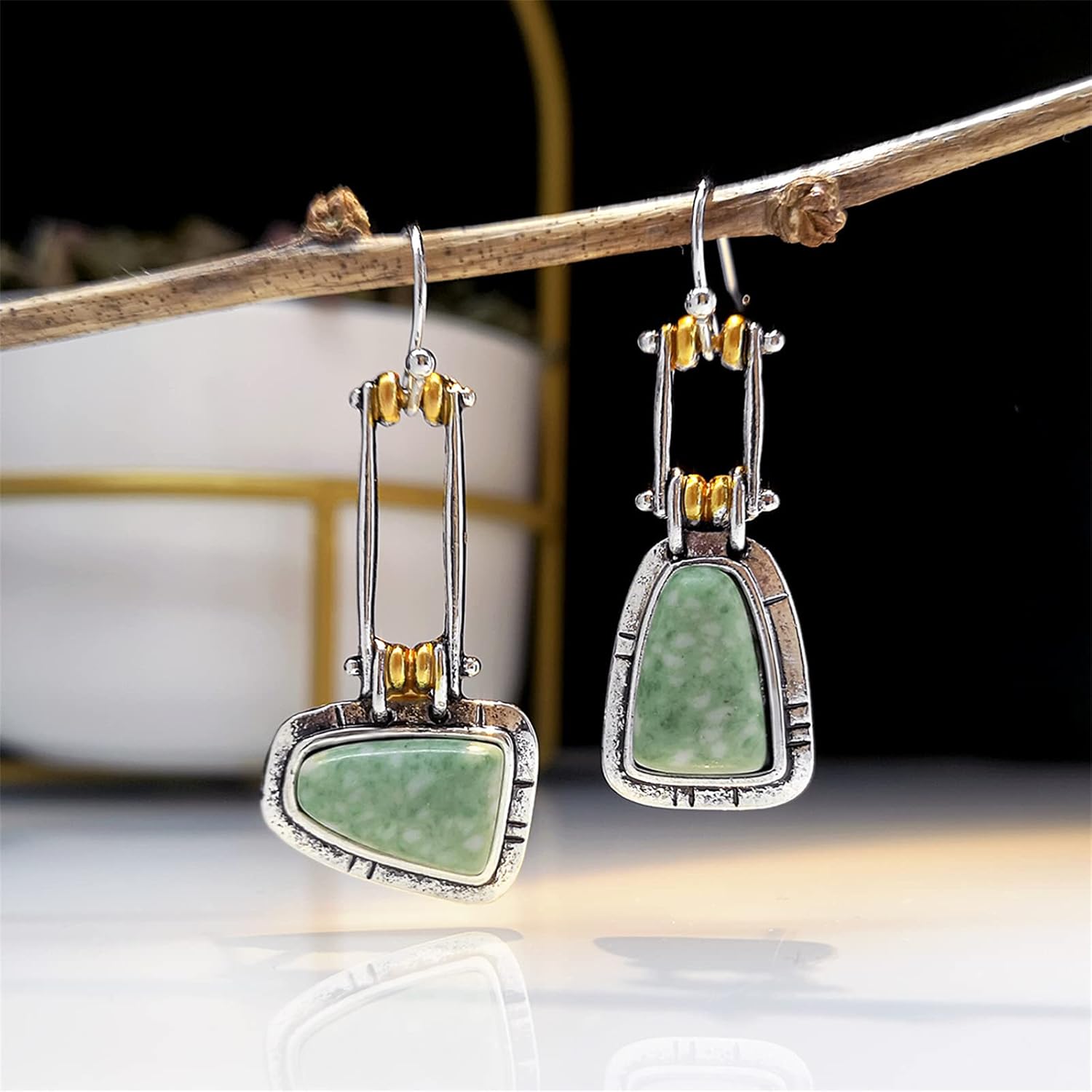 Vintage Boho Earrings for Women Girls Creative Handmade Silver Bohemian Retro Green Emerald Gemstone Dangle Drop Asymmetrical Statement Earrings Jewelry Gifts - Image 4