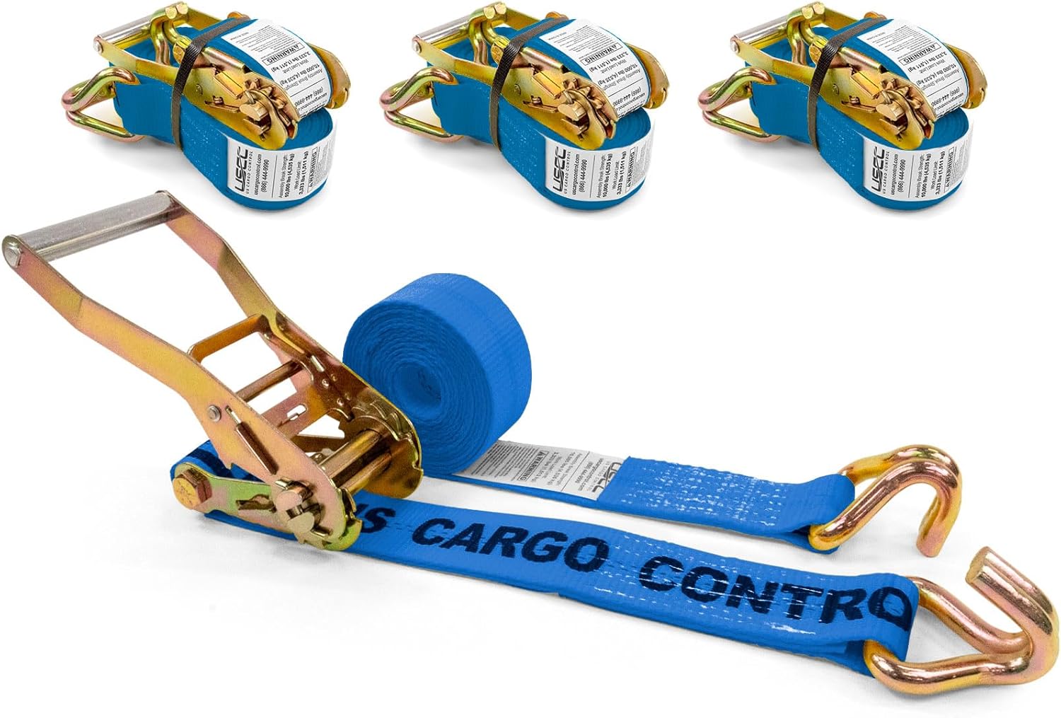 US Cargo Control Wire Hook Ratchet Straps 2 Inch x 12 Foot (4-Pack), 10,000 LBS Break Strength, Ratchet Straps Heavy Duty with Double J Hooks, Blue Cargo Tie Downs for Flatbed Trailers and Trucks
