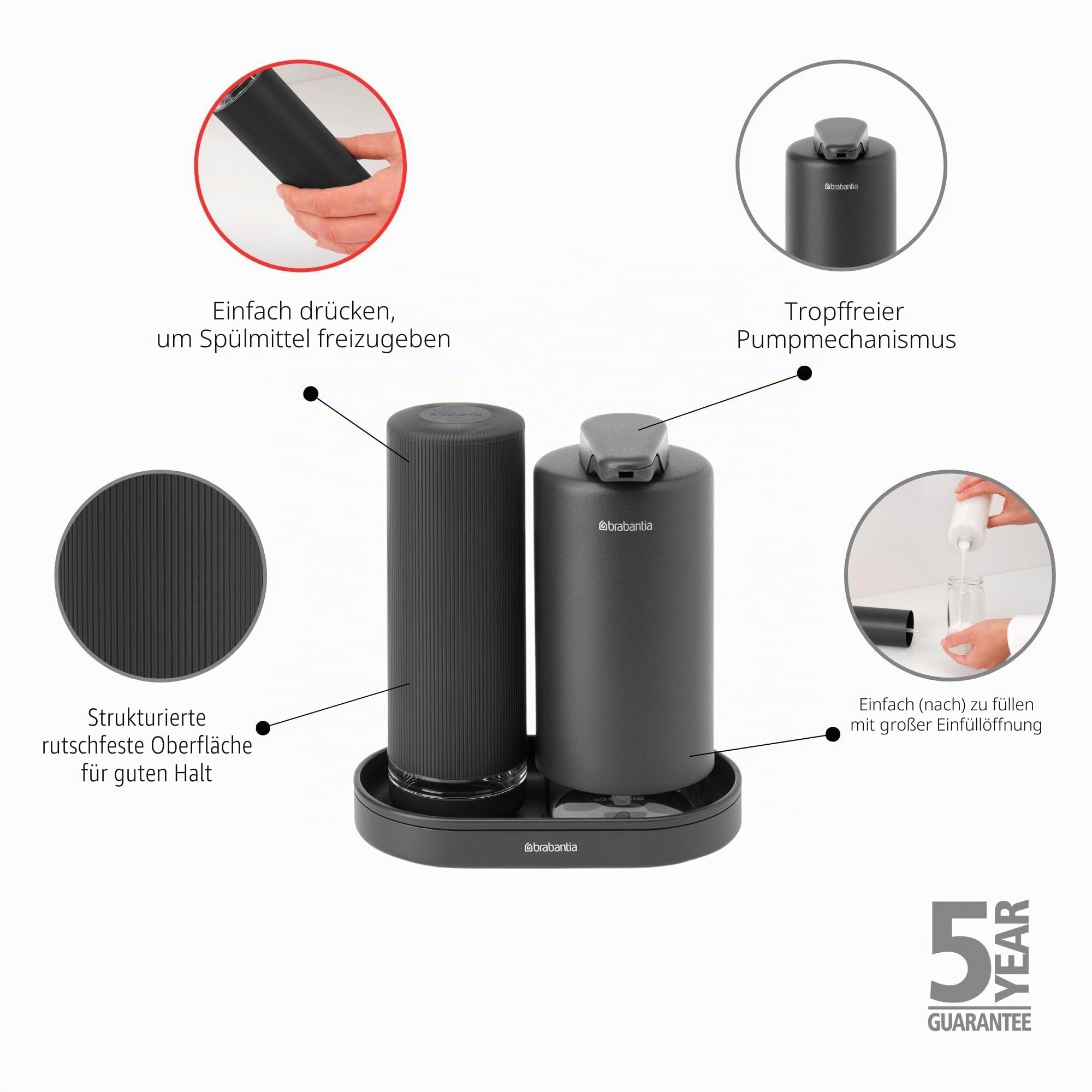 Brabantia - Seifen- und Spülmittelspender-Set mit 2 stilvollen Spendern für Seife und Spülmittel, mit Tablett, aus Metall mit Strukturbeschichtung - Mineral Infinite Grau, 2 x 200 ml