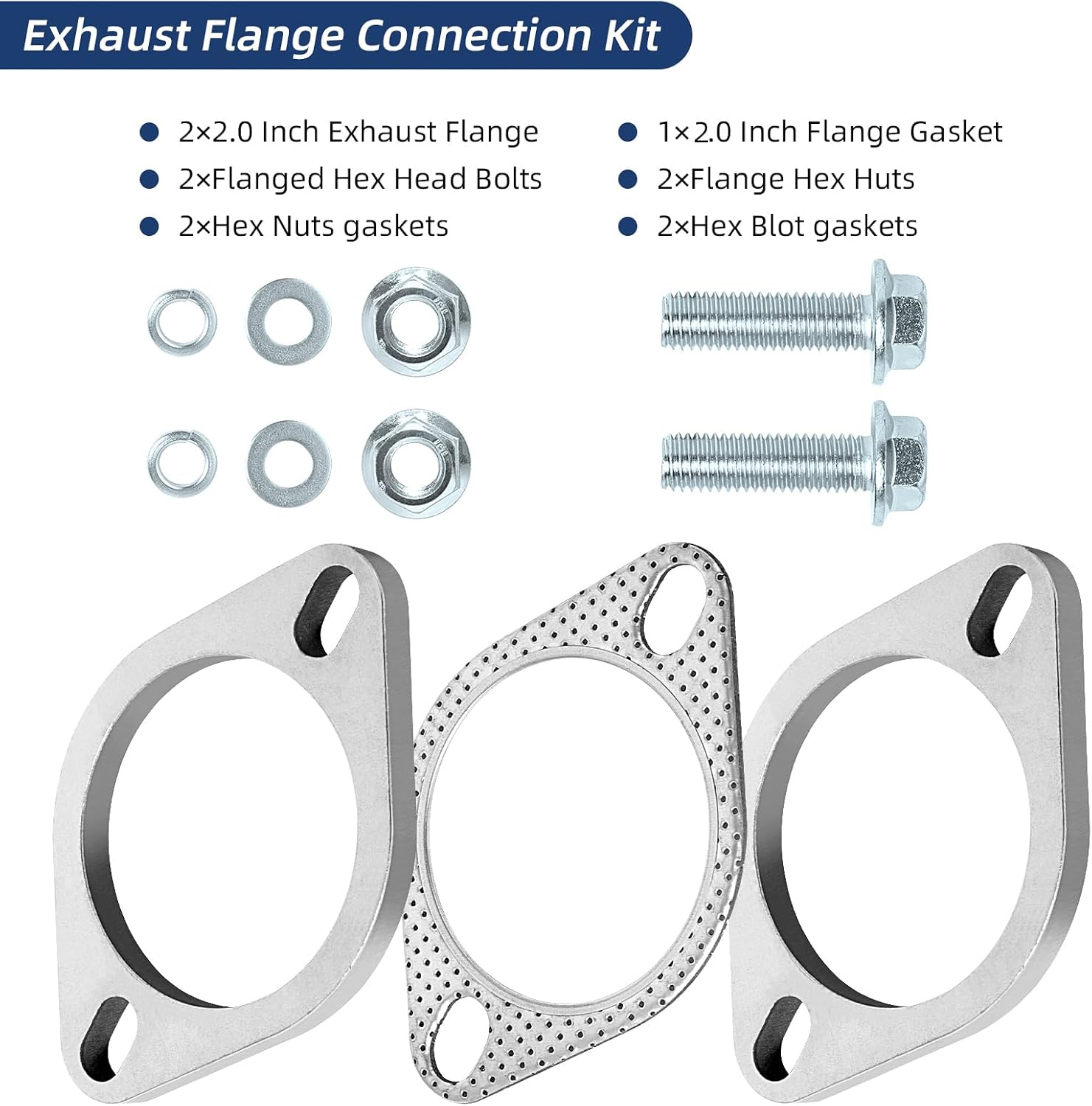 Exhaust Flange Connection Kit Stainless Steel, 2 Bolt 2 inch/51mm Exhaust Flange & Exhaust Gasket Repair Kit with Bolts and Nuts for 51mm OD Pipes(2 Pcs Flange)