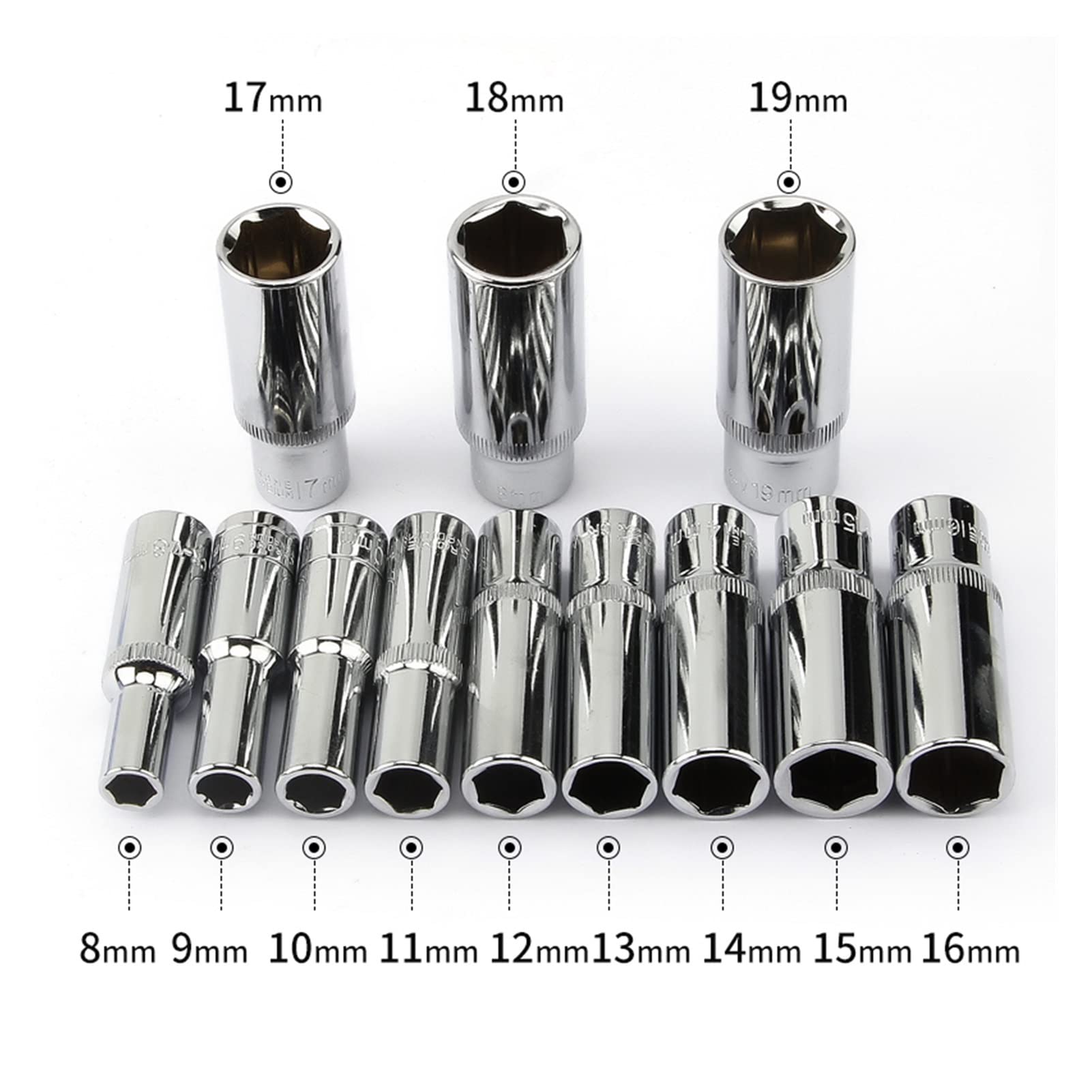 Zestaw 12 nasadek 3/8 cala, głębokich, długich, długość 65 mm, otwór kwadratowy 10 mm, 8 9 10 11 12 13 14 15 16 17 18, uchwyt wiertarski 19 mm