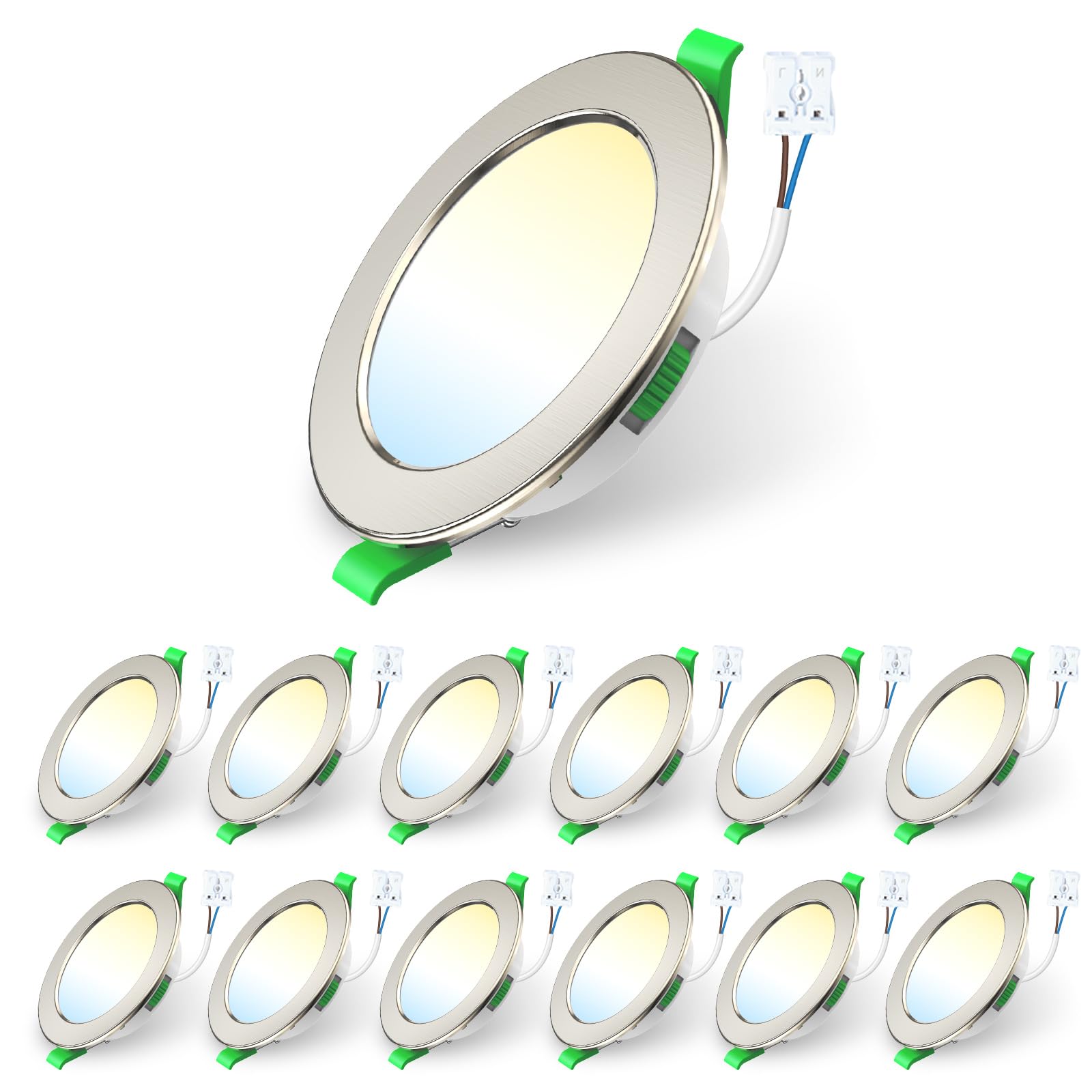 ALUSSO LIGHTING Focos Led Interior Techo,7W 550LM downlight led techo empotrable,3CCT 3000K 4000K 6500K, IP44 Corte 90-100mm, Foco Empotrable Led Techo Para baño,dormitorio,Níquel,12 Pack