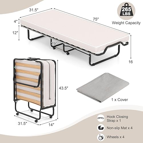 Miniatura 3 de Giantex Cama plegable con colchón, cama enrollable tamaño cuna de 75 x 31 pulgadas con colchones para adultos, espuma viscoelástica, marco de acero