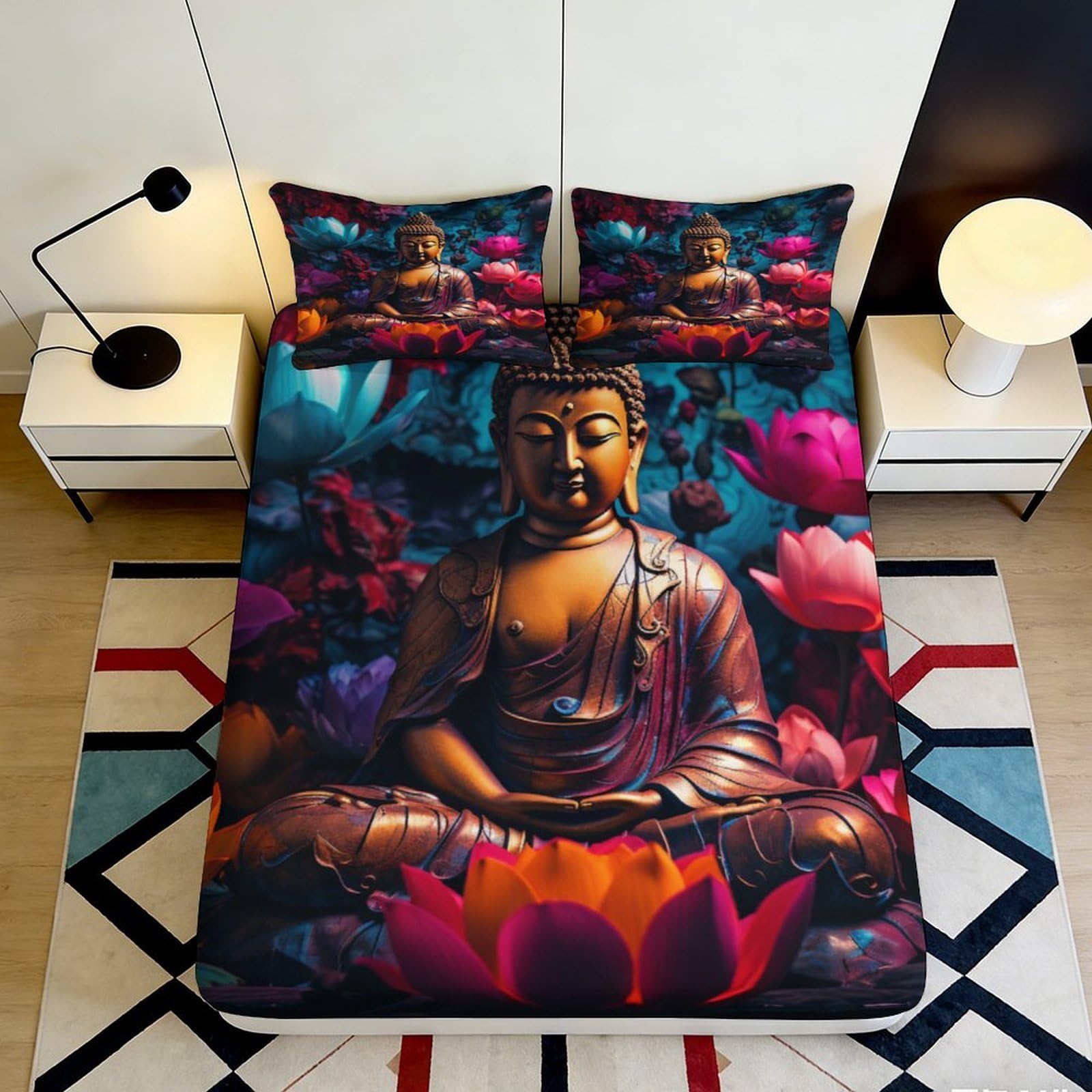 Pnayamiorkfel Style-5 3D Printed Buddha Lotus Fitted Sheet Microfiber Soft Decor Mattress Cover For Bedroom Guest Room Easy Care 90X200x25cm