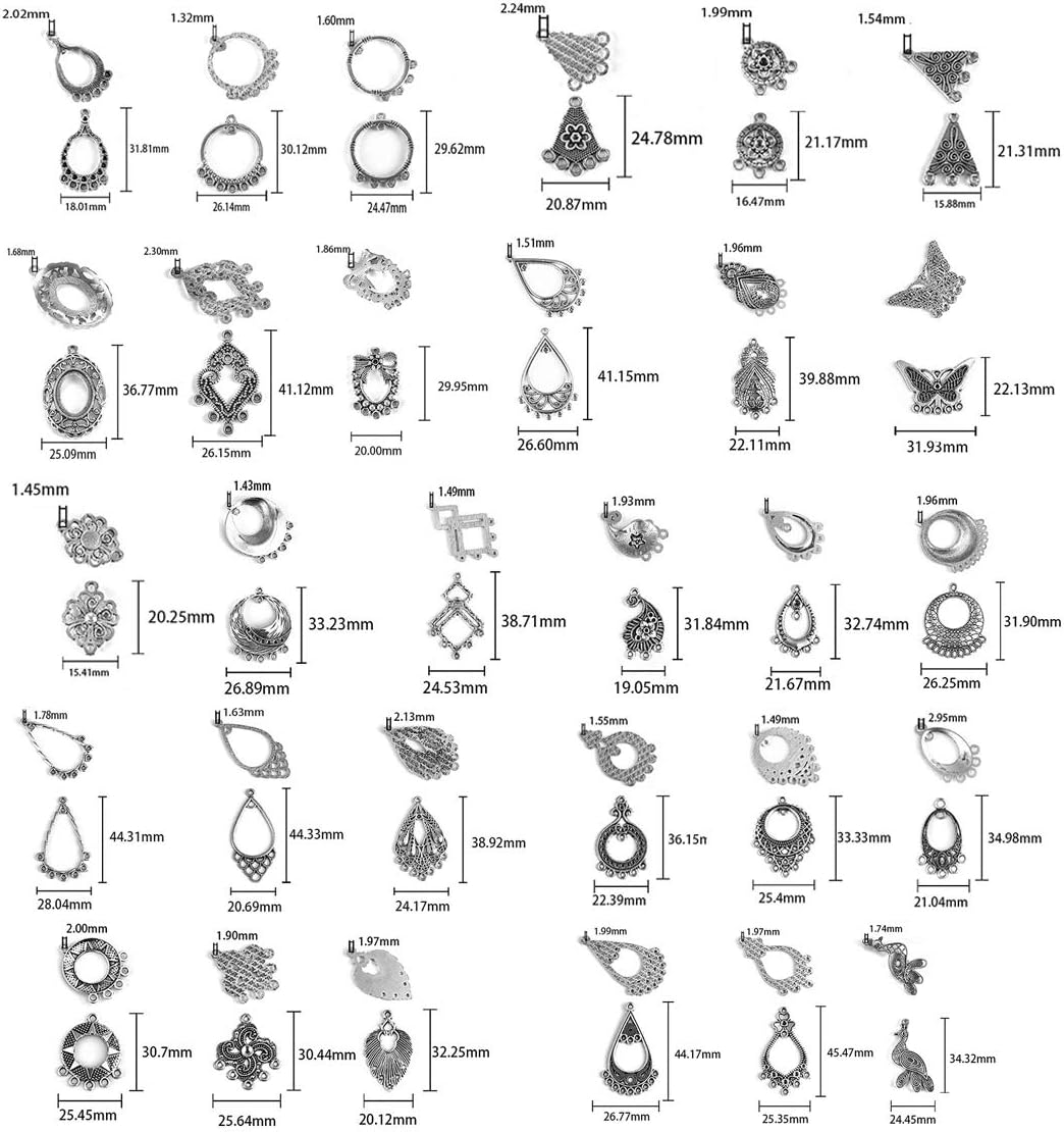 OBSEDE 60 Pieces Earrings Eardrops Accessories (30 Shapes) for Earring Making Findings, Total 30 Pairs, Ancient Silver Color