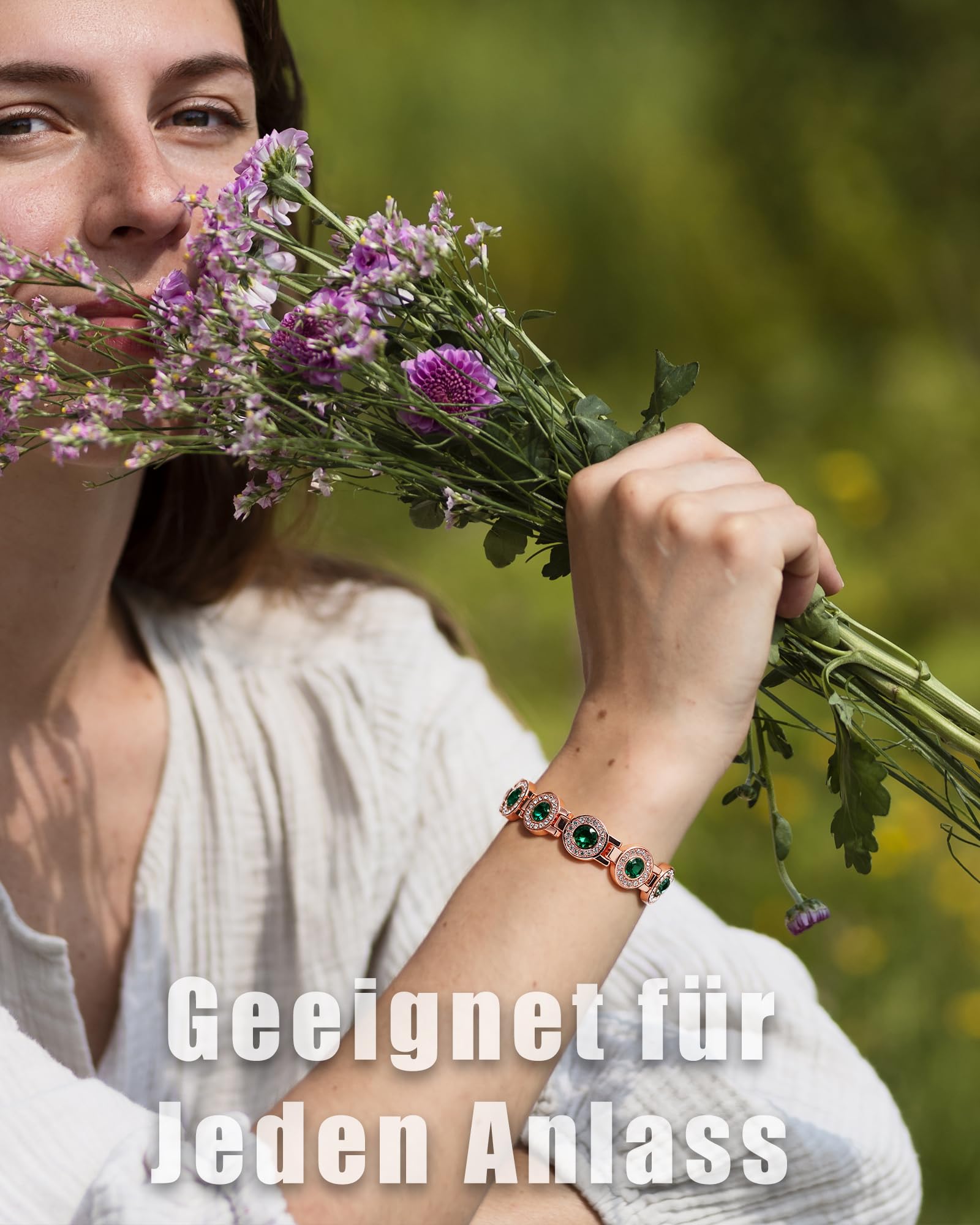 Jeracol Kupferarmband Dame, Magnetarmband mit je 4 Magneten pro Glied und kreisrunden Kristallen, 99% reines Kupfer, Schmuckgeschenk