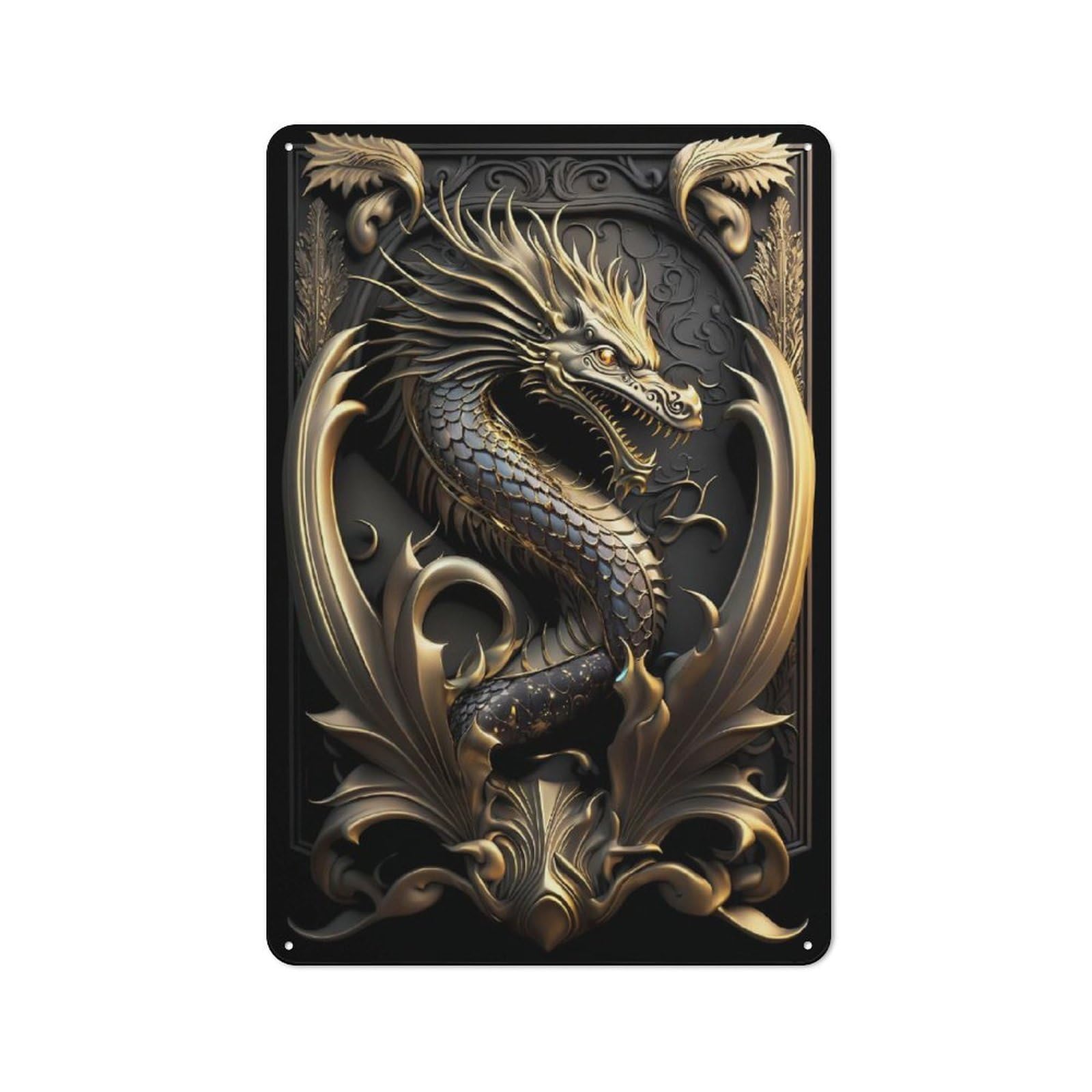 Junmoney Style-5 Metal Wall Sign 30X20cm Featuring Sovereign Golden Dragon For Workshop Wall, For Room Styling Across Workshops And Hobby Rooms