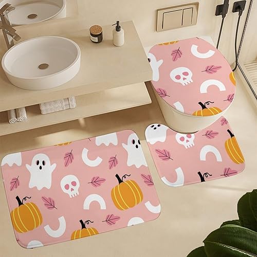 Miniatura 2 de Juego de 4 cortinas de ducha con diseño de calavera de fantasmas de Halloween, con alfombras antideslizantes, cubierta para tapa de inodoro y tapete