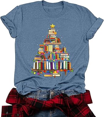 Christmas Books Tree T-Shirt Women Teachers Love Reading Xmas Gift Tee School Christmas Holidays Casual O-Neck Tshirts