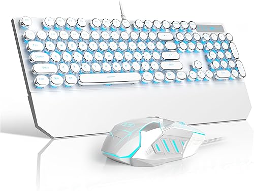 Combo de teclado y mouse retro de máquina de escribir, bonito teclado blanco con interruptores lineales rojos, teclado mecánico con cable de tamaño