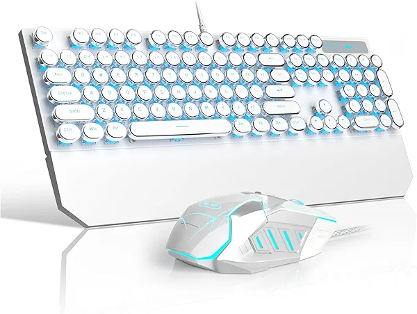 Retro Typewriter Keyboard and Mouse Combo, Cute White Keyboard with Linear Red Switches, Full Size Wired Mechanical Gaming Keyboard, Cool Light Up Keyboard and Mouse for Gaming,Work,Mac,PC,Windows