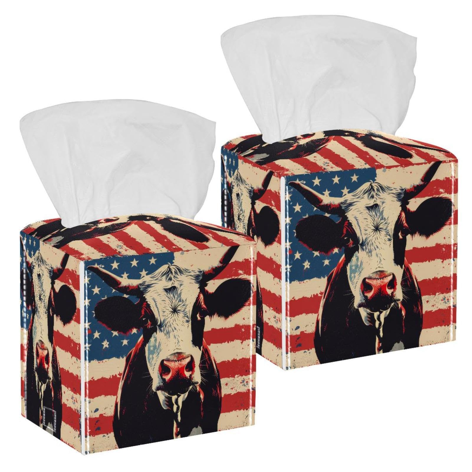 American Flag Cow Tissue Box Cover, 2 Pack PU Leather Square Facial Tissue Dispenser Box holder for Home Office Car