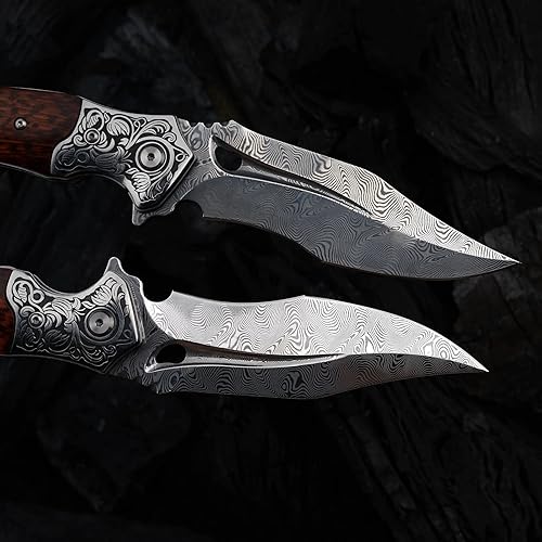 Miniatura 8 de Cuchillo plegable japonés VG 10 de acero de Damasco, Cuchillo de bolsillo de supervivencia al aire libre, Cerradura forrada con mango de madera de