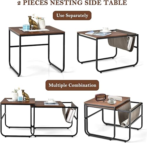 Miniatura 6 de Giantex Juego de 2 mesas auxiliares apilables con bolsillo lateral, mesita de noche acentuada, mesa auxiliar industrial con marco de acero para sala