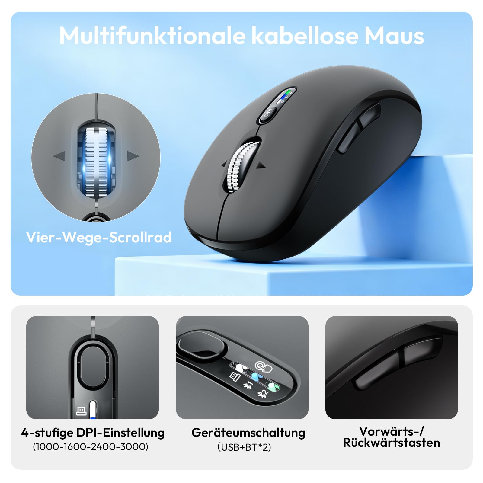 kabellose Bluetooth Tastatur- und Maus Kombination, Ultradünne und leise, mit 2,4-GHz-Funk und dualer Bluetooth-Verbindung, kompatibel mit Mehreren Geräten, in voller Größe, für Windows/PC/Laptops