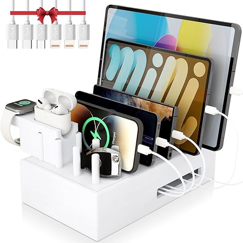 Miniatura 8 de Estación de carga de bambú para múltiples dispositivos con 7 puertos USB, 6 cables mixtos y soporte de reloj, estación de acoplamiento de escritorio