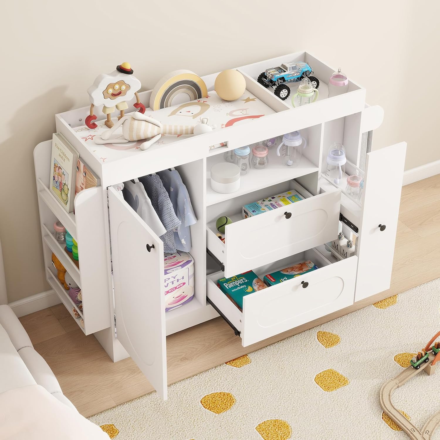 ARTETHYS Changing Table Dresser with Drawers White Diaper Portable Changing Station Nursery Dresser with 2 Drawers & Clothes Hanger, Storage Crib with Change Table Top for Children’s Room