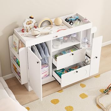 ARTETHYS Changing Table Dresser with Drawers & Clothes Hanger for Baby Room | White Diaper Portable Nursery Dresser with Side Storage Rack, Pull-out Drawers, Storage Cabinet & Open Shelves