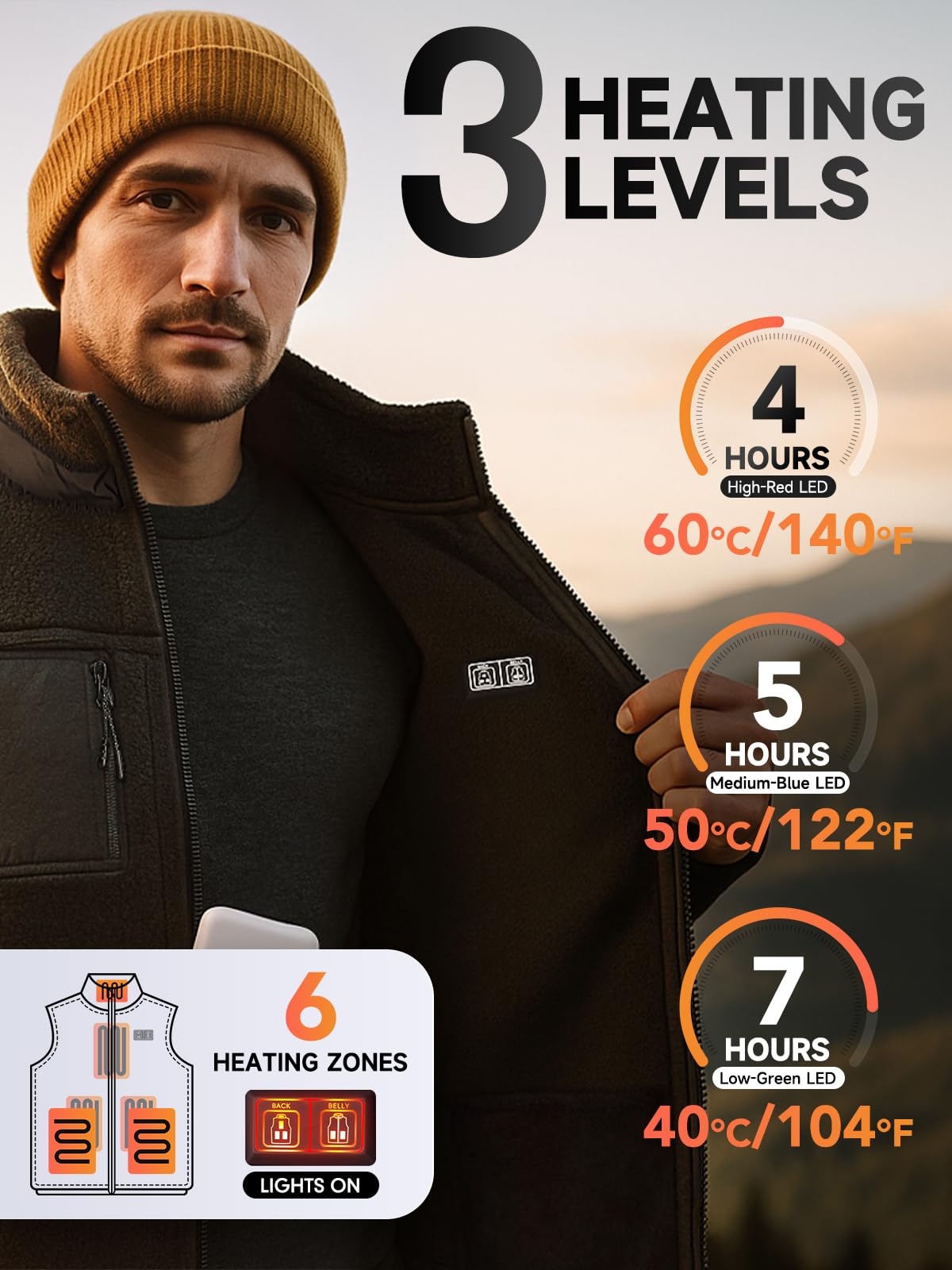 LABEWVI Gilet chauffant, veste chauffante homme avec batterie incluse, 10000mAh polaire blouson chauffant T3