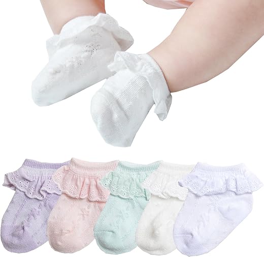 Epeius 5 Pack Little Kids Girls Eyelet Frilly Lace Socks Princess Ankle Socks for 3-5 Years,Bow Pattern,White/Off White/Pi...
