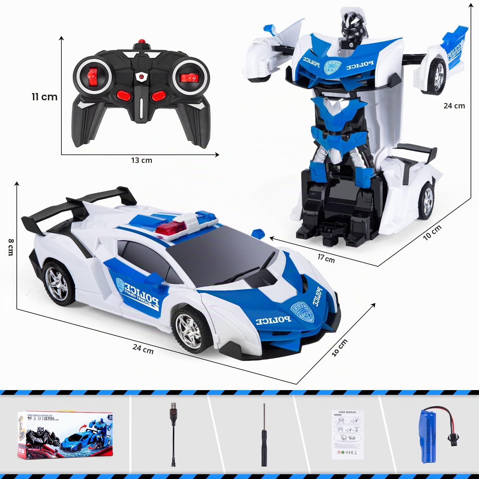 Highttoy Coche Policia Teledirigido Robot Juguetes Niños 3 4 5 6 7 8 Años, Transformador Juguete Coche Radiocontrol Rotación de 360° 2.4GHz 1:18 Robot Niños, Blanco