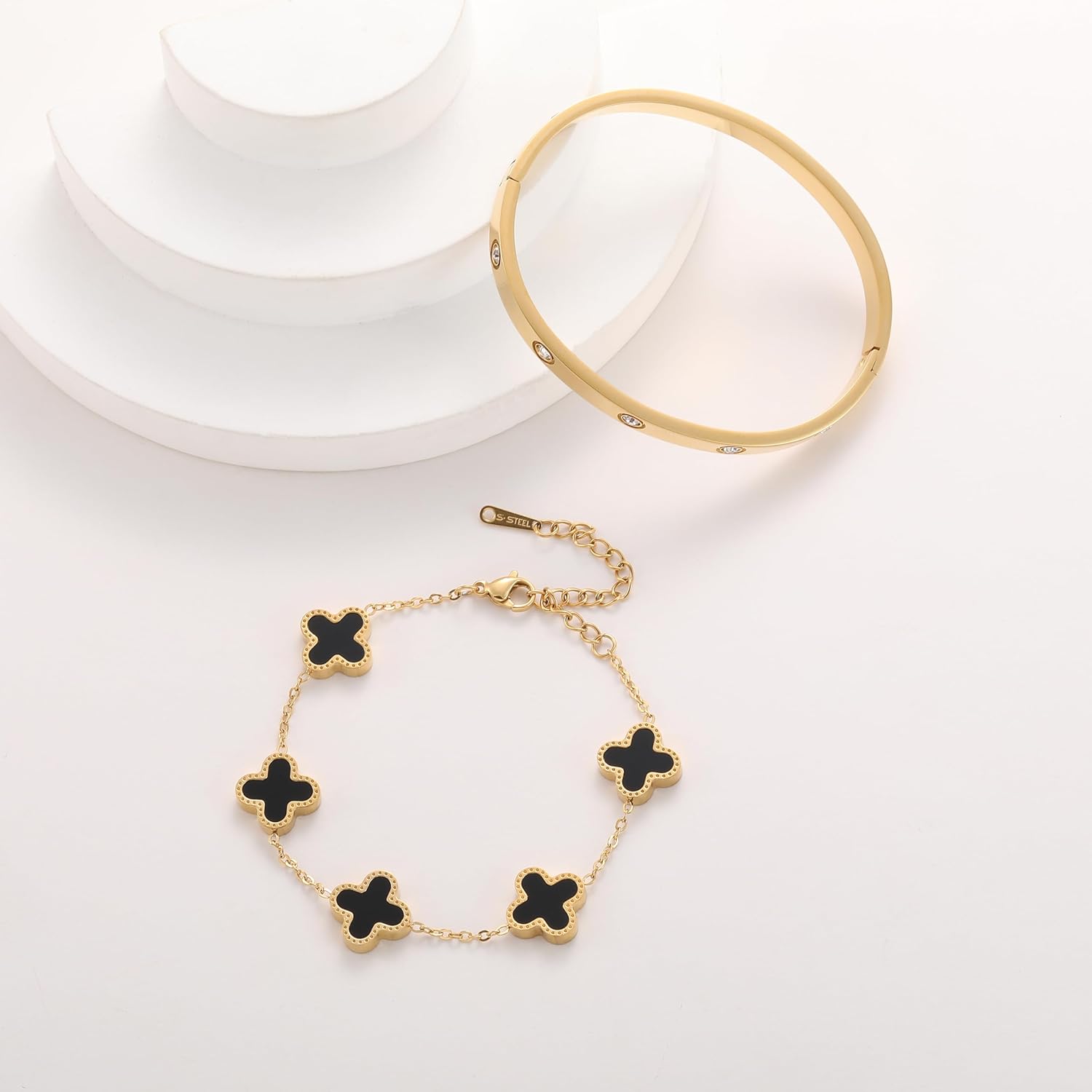 18K Gold Plated Clover Bracelet Love bangle Set for Women Stackable Trendy Fashion Simple Friendship Bracelets Lucky Bracelet Jewelry Cute Gifts for Women - Image 6