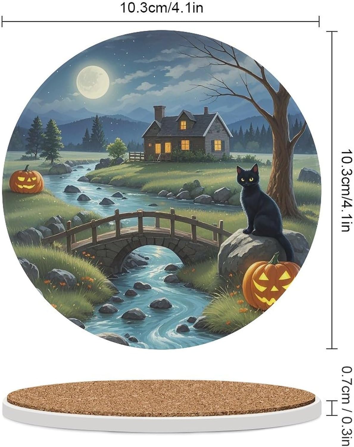 Full Moon Bridge Black Cat Coaster with Cork Base Drink Coasters for Coffee Table Decor Modern Cup Coasters with Non-Slip & Heat-Resistant Cute Ceramic Table Coaster for Home Dining