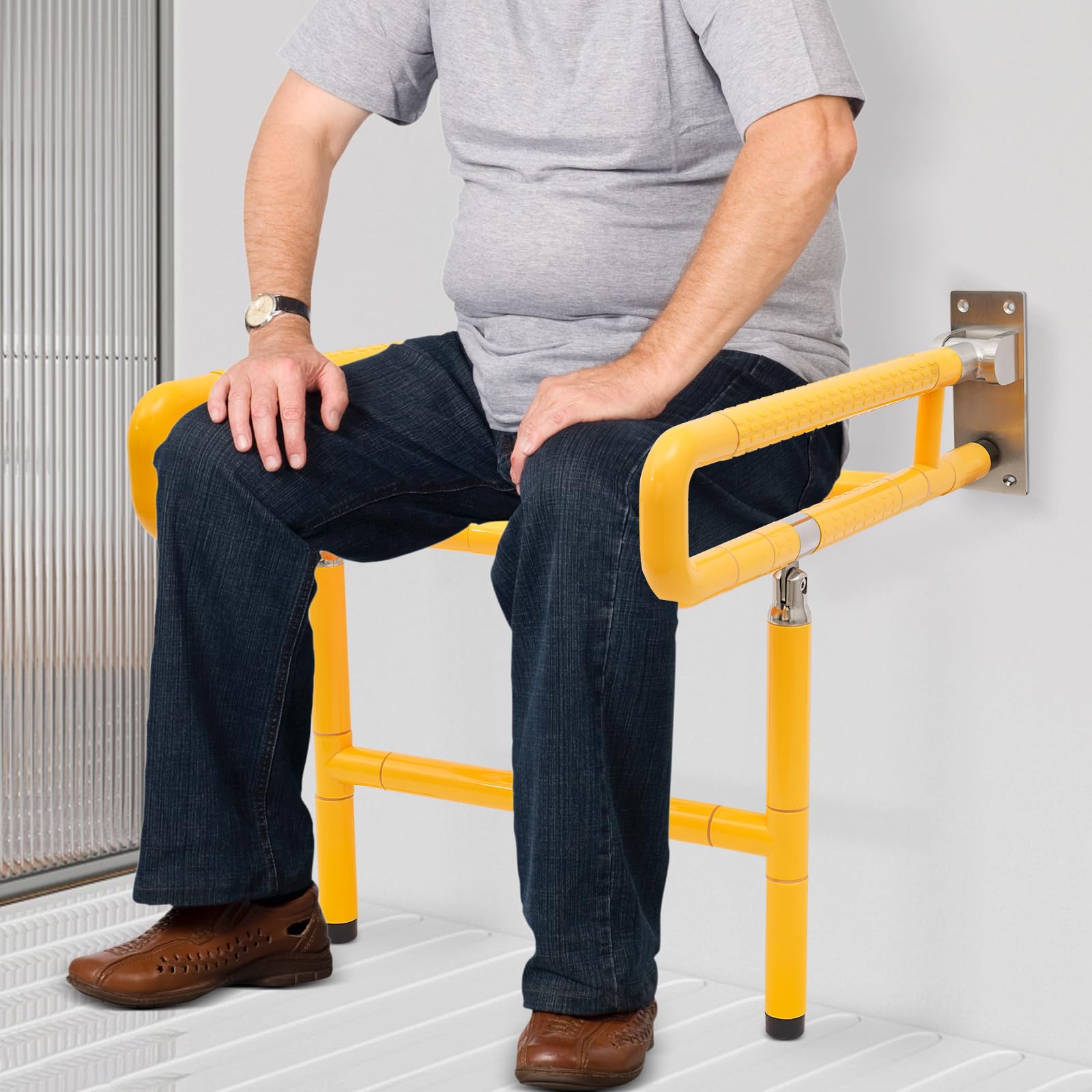 Silla de ducha plegable con barra de agarre, asiento de ducha montado en la pared para adultos, soporta 440 libras, asiento de ducha plegable de acero inoxidable con tablero de asiento de nailon de