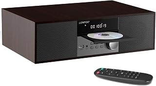 LONPOO LP-816 Vintage Stereo Shelf System: 40W RMS CD Player, Bluetooth 5.0, FM Radio, USB/AUX, Remote Control - Brown Wood