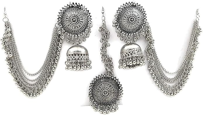 C&G INDIA Fashion Silver Jhumka Earrings And Maang Tikka Set For Girls And Women
