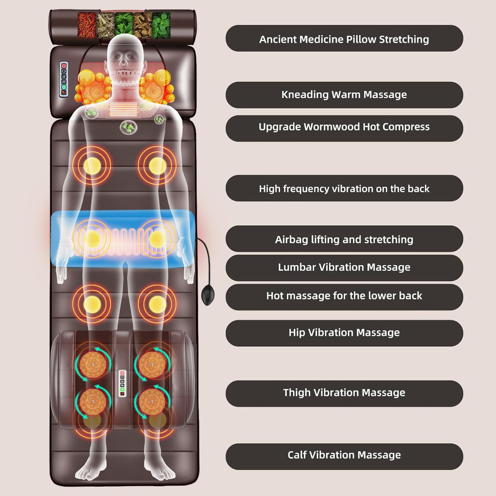 Massagematte Ganzkörpermassage mit Wärmefunktion und 10 Vibrationsmotoren, Verstellbarer Lendenairbag Akupressurmatte, Abnehmbarer Massageauflage für Nacken Rücken, für Massagestuhl, Massageliege