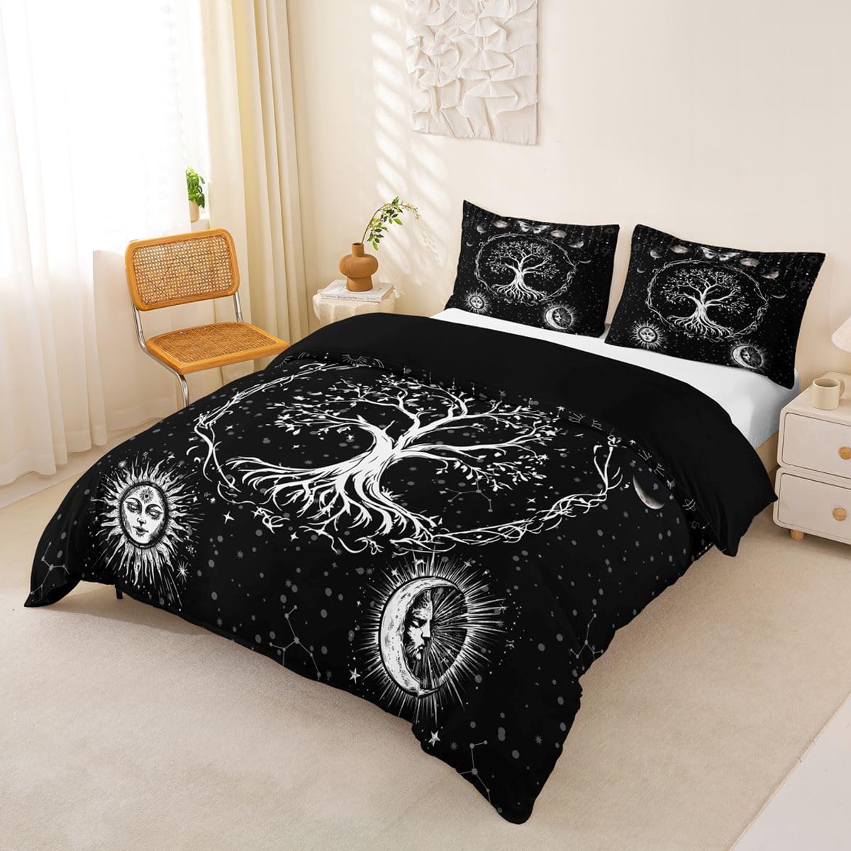 Sun and Moon Duvet Cover Bohemian Tree Butterfly Bedding Set Psychedelic Hippie Comforter Cover for Boys Girls Children Teens Bedroom Decor Galaxy Astrology Bedspread Cover Twin With 1 Pillow Case