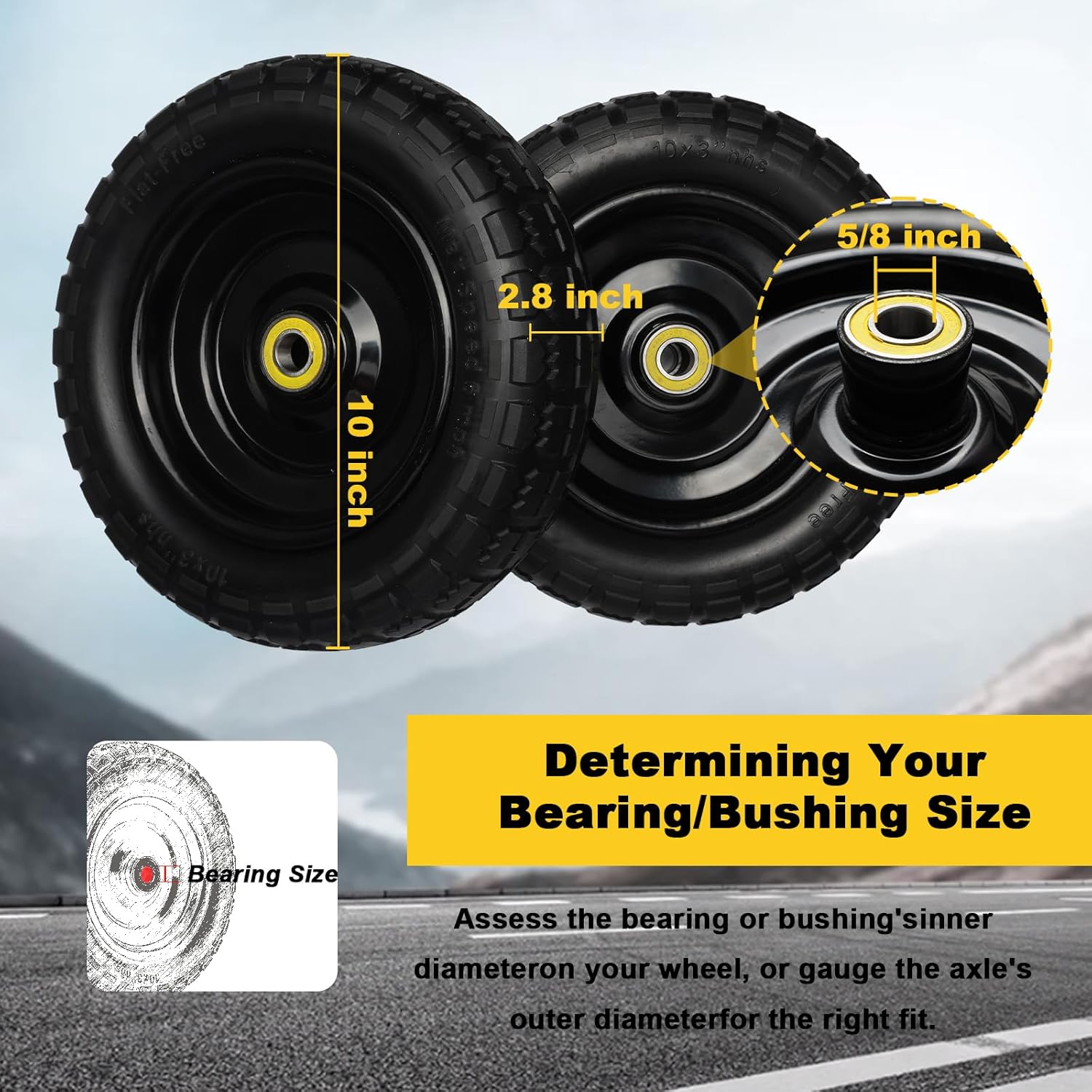 10 Inch Solid Rubber Tires, 4.10/3.50-4 Tire and Flat Free with 5/8" Bearings, 2.17" Offset Hub for GOR Garden Carts, Garden Wagon Carts, Trolleys, Hand Trucks and Utility Cart(2 Pack)