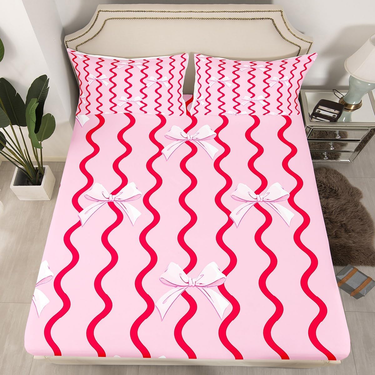 jejeloiu Bowknot Fitted Sheet King Size Kids Cute Kawaii Bedding Set for Boys Girls Teens Baby Pink Bed Sheets Set