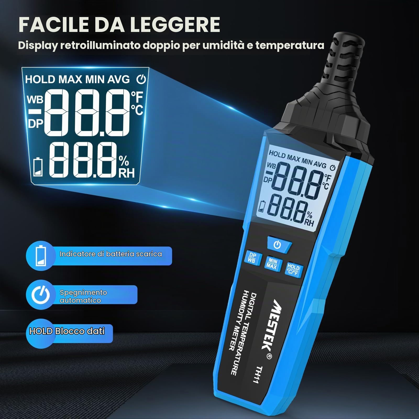 Igrometro Digitale Interni MESTEK, Termometro Ambiente Interno, Portable Monitor di Temperatura e umidometro, Punto di Rugiada e Temp di Bulbo Umido, per Industria Agricoltura in Ufficio e in casa
