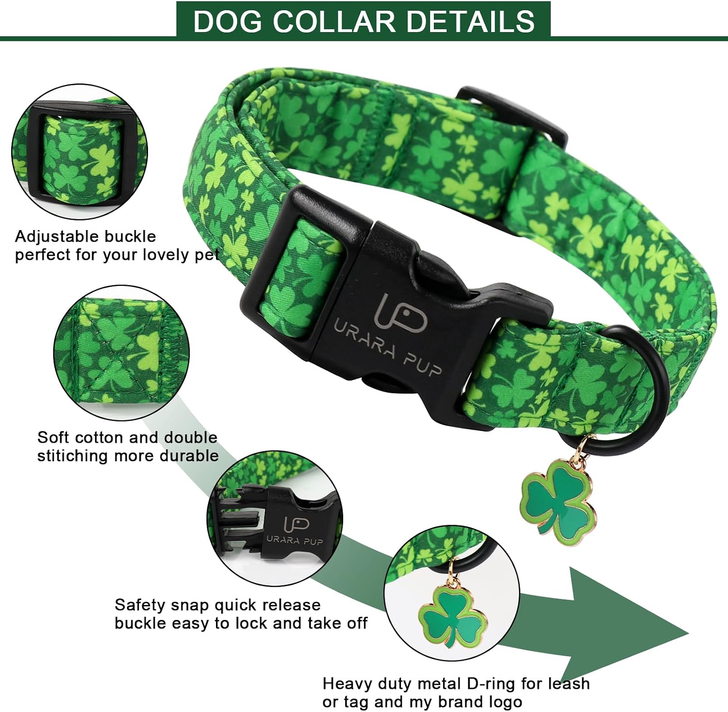 St. Patrick's Day Dog Collar, Lucky Clover Pet Collar with Quick Release, Comfortable Adjustable Shamrock Puppy Collar for Small Medium & Large Dogs image 3