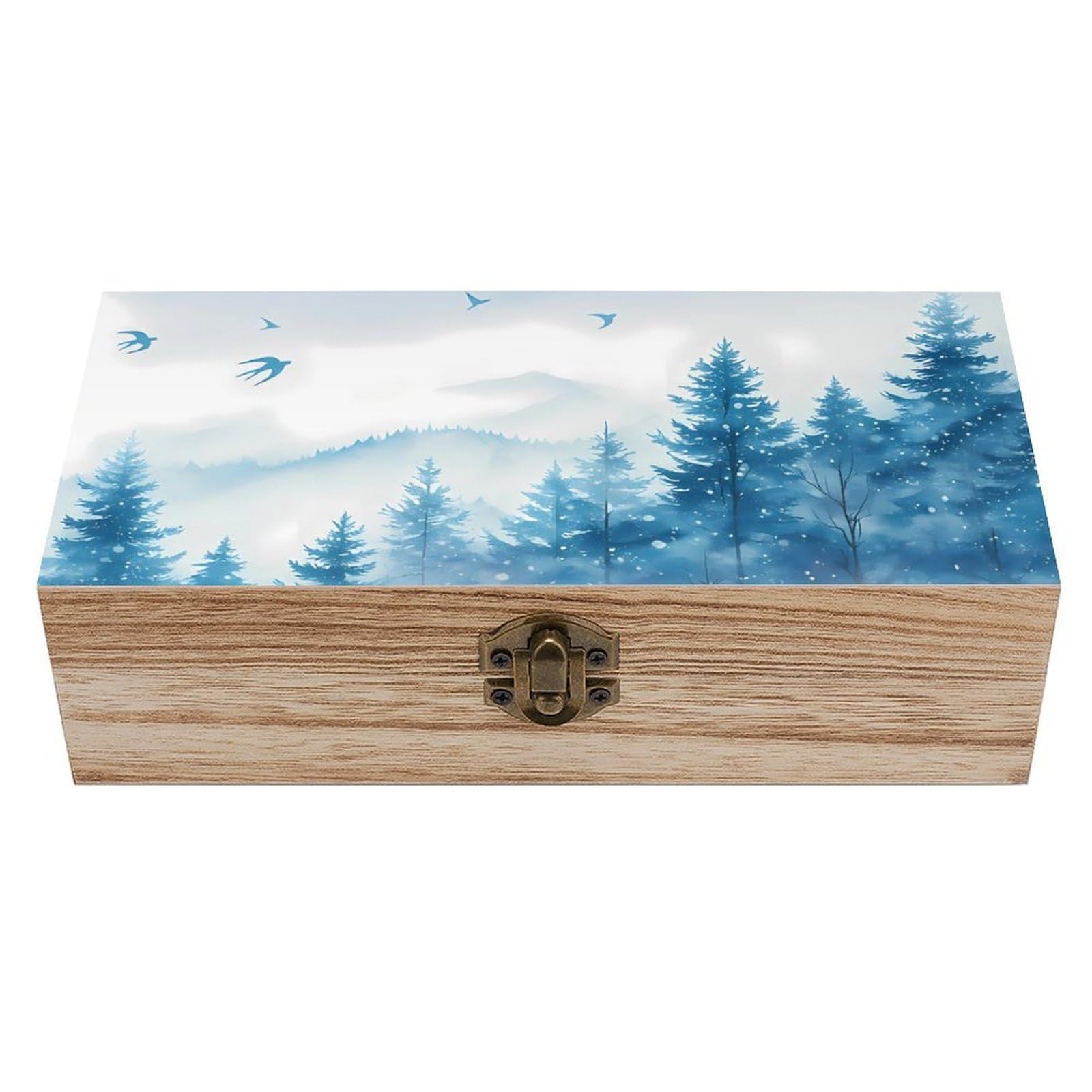 HLBSDM Watercolor Blue Misty Forest Retro Wooden Storage Box Jewelry Art Gift Boxs Decorative Keepsake Boxes
