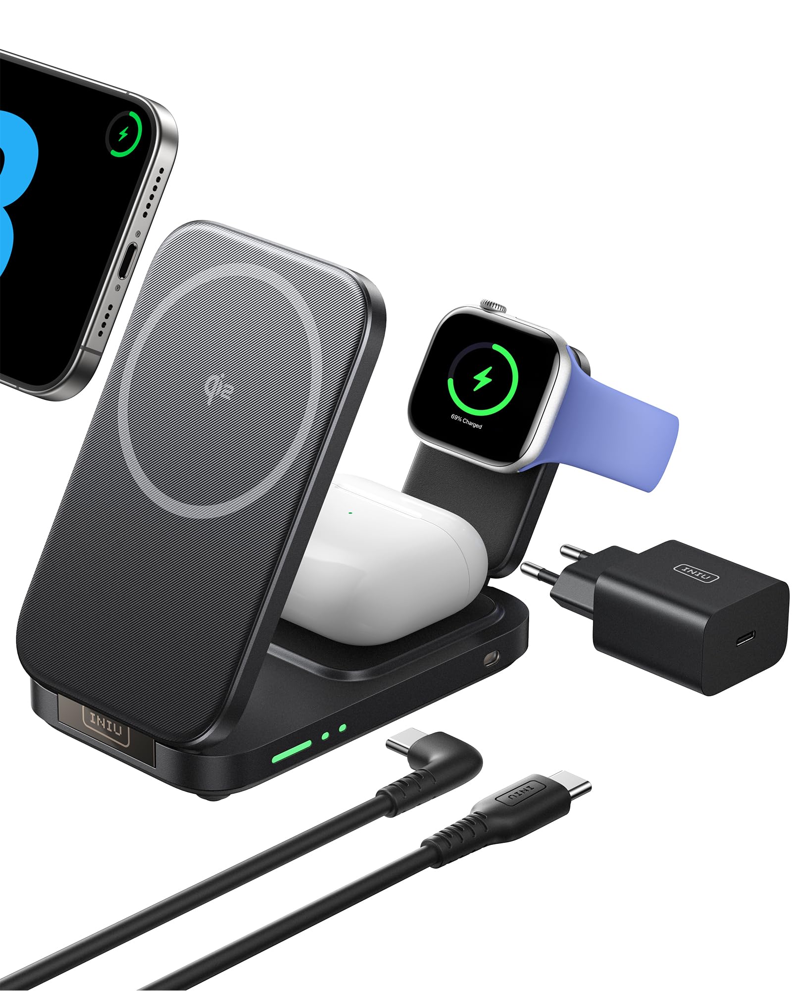 INIU 3 in 1 Caricatore Wireless iPhone, 15W Certificato Qi2 Caricabatterie Magnetico, Stazione Ricarica Wireless Mag-Safe Pieghevole per Apple Watch SE iPhone 17 16 15 14 13 12 AirPods(con Adattatore)
