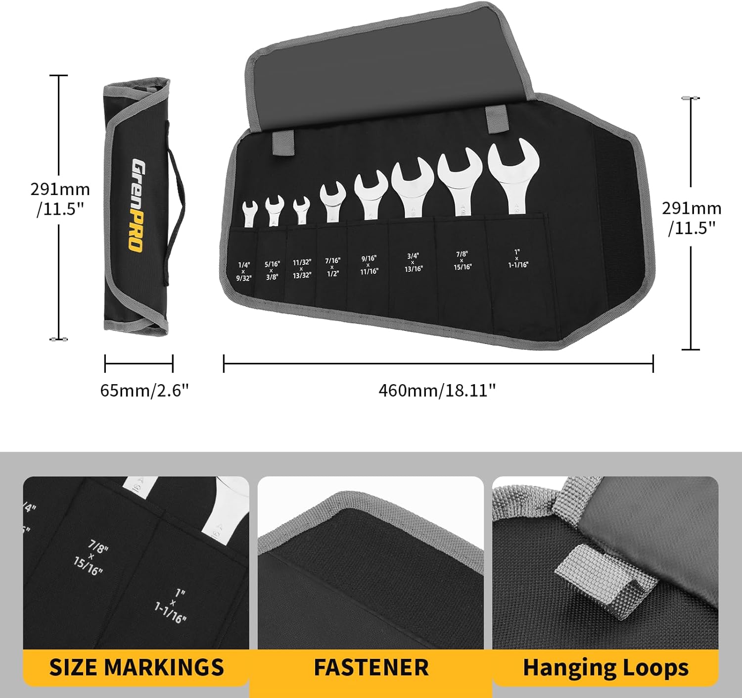 GRENPRO Super-Thin SAE Wrench Set, Open End Wrench Set, 9PCS 1/4, 9/32, 5/16, 3/8, 11/32, 13/32, 7/16, 1/2, 9/16, 11/16, 3/4, 13/16, 7/8, 15/16, 1, 1-1/16, Small Slim Spanner Rolling Pouch with Gauge