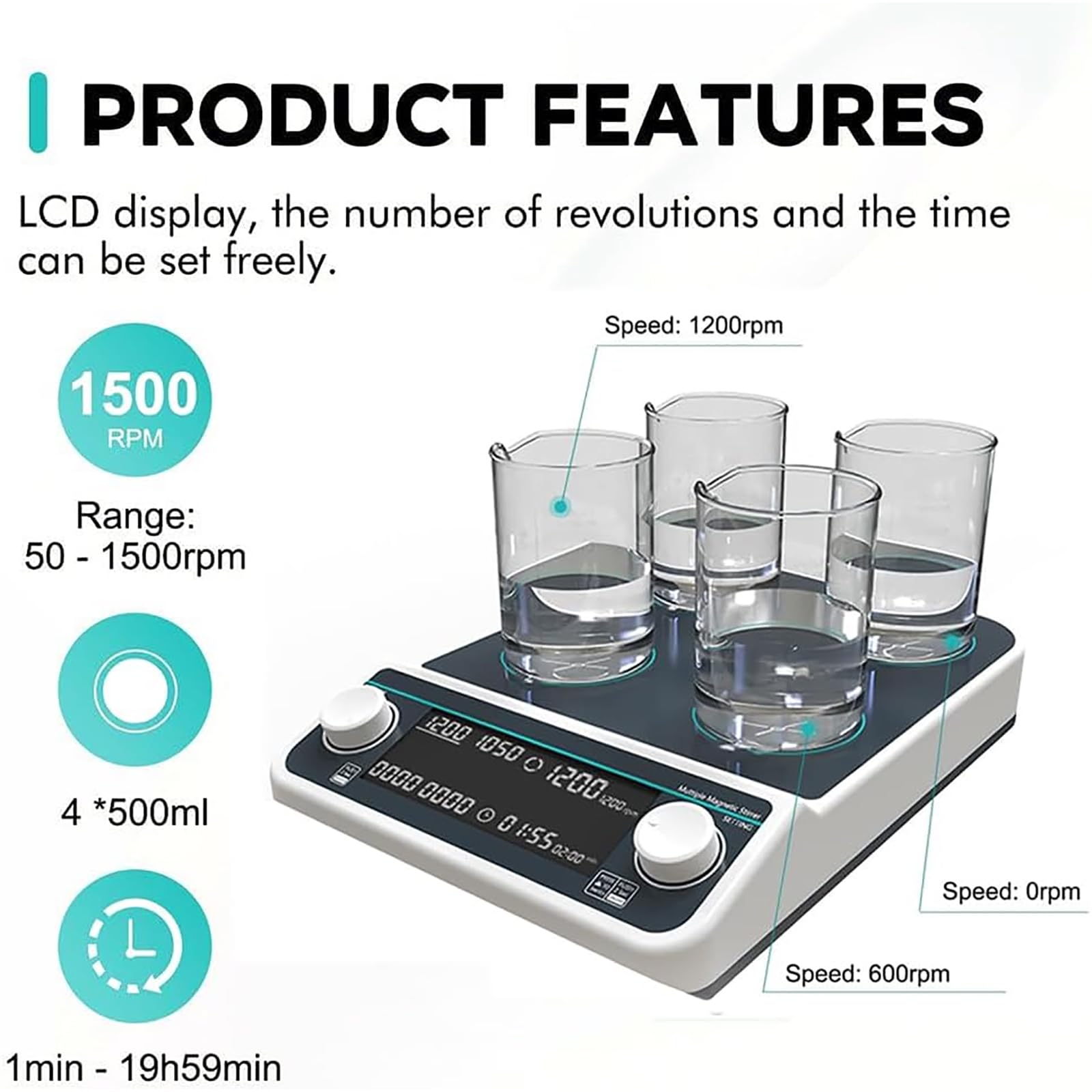 Agitador Magnético De 4 Posiciones, 500ml*4 Mezclador De Líquidos De Laboratorio con Pantalla Digital LED, Control Síncrono/asíncrono, Velocidad: 50-1500rpm, para Mezcla De Líquidos.