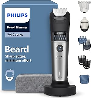 Philips Bartschneider 7000er-Serie – selbstschärfende Metallklingen, 40 Längeneinstellungen, BeardSense-Technologie, Haarkollektor, 100% wasserdicht, breiter Trimmer, Modell BT7670/15