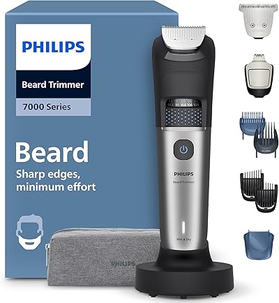 Philips Bartschneider 7000er-Serie – selbstschärfende Metallklingen, 40 Längeneinstellungen, BeardSense-Technologie, Haarkollektor, 100% wasserdicht, breiter Trimmer, Modell BT7670/15