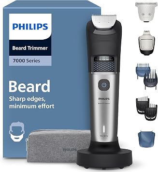 Philips Beard Trimmer 7000 Series, Self-Sharpening Metal Blades, 40 Lock-in Settings, BeardSense Technology, Hair Collector, 100 Percent Waterproof, Silver (BT7670/15)