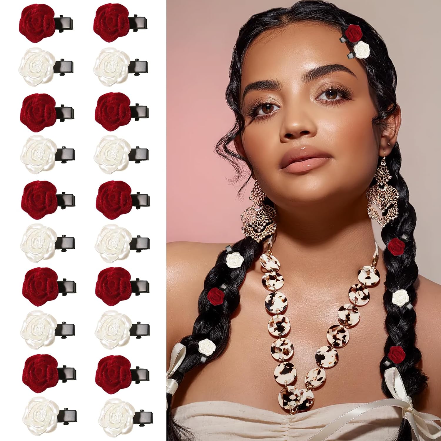 20 Pcs Mini Red White Rose Hair Clip for Women Flower Hair