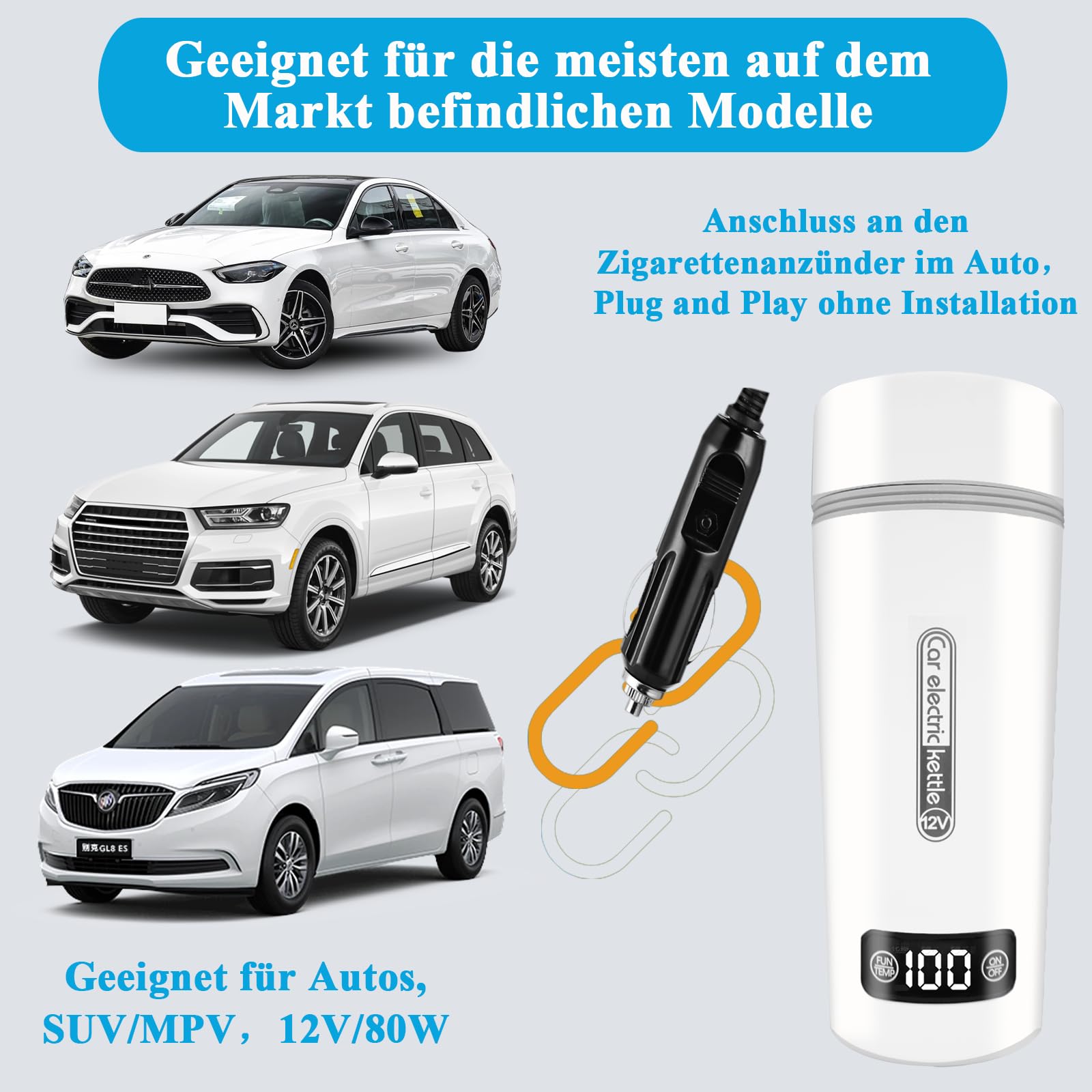 Hervidor de agua portátil para coche, 12 V/500 ml y 40~100 ℃ ajustable, hervidor de agua de viaje y calentador de agua rápido de 80 W, protección contra incendios secos, para acampar en el coche,