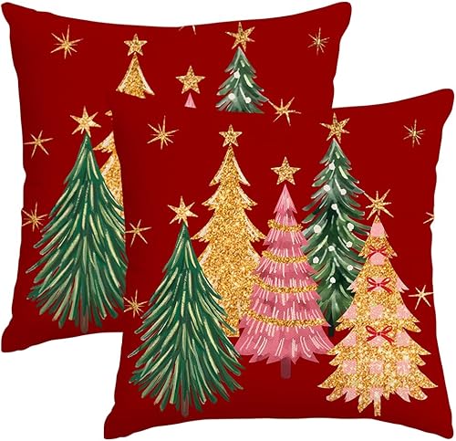 RABUSOFA Juego de 2 fundas de almohada rojas de Navidad de 20 x 20 pulgadas, decoración de acuarela con estrellas de árbol de Navidad de invierno,